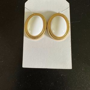 Gold Tone White Acrylic Earrings Post  1" X  1"  Very Good Condition